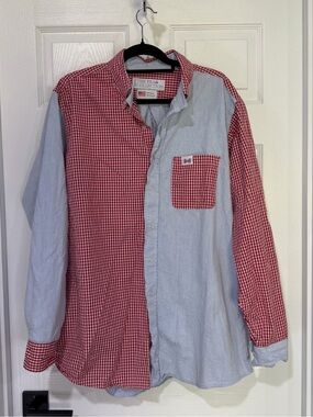 💯 cotton 4th July Red Gingham & Light Blue Split Button-Down Shirt